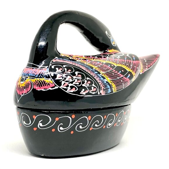 Black Lacquered Wood Trinket Box Black Swan Bird Duck hand painted Thailand - Picture 5 of 14